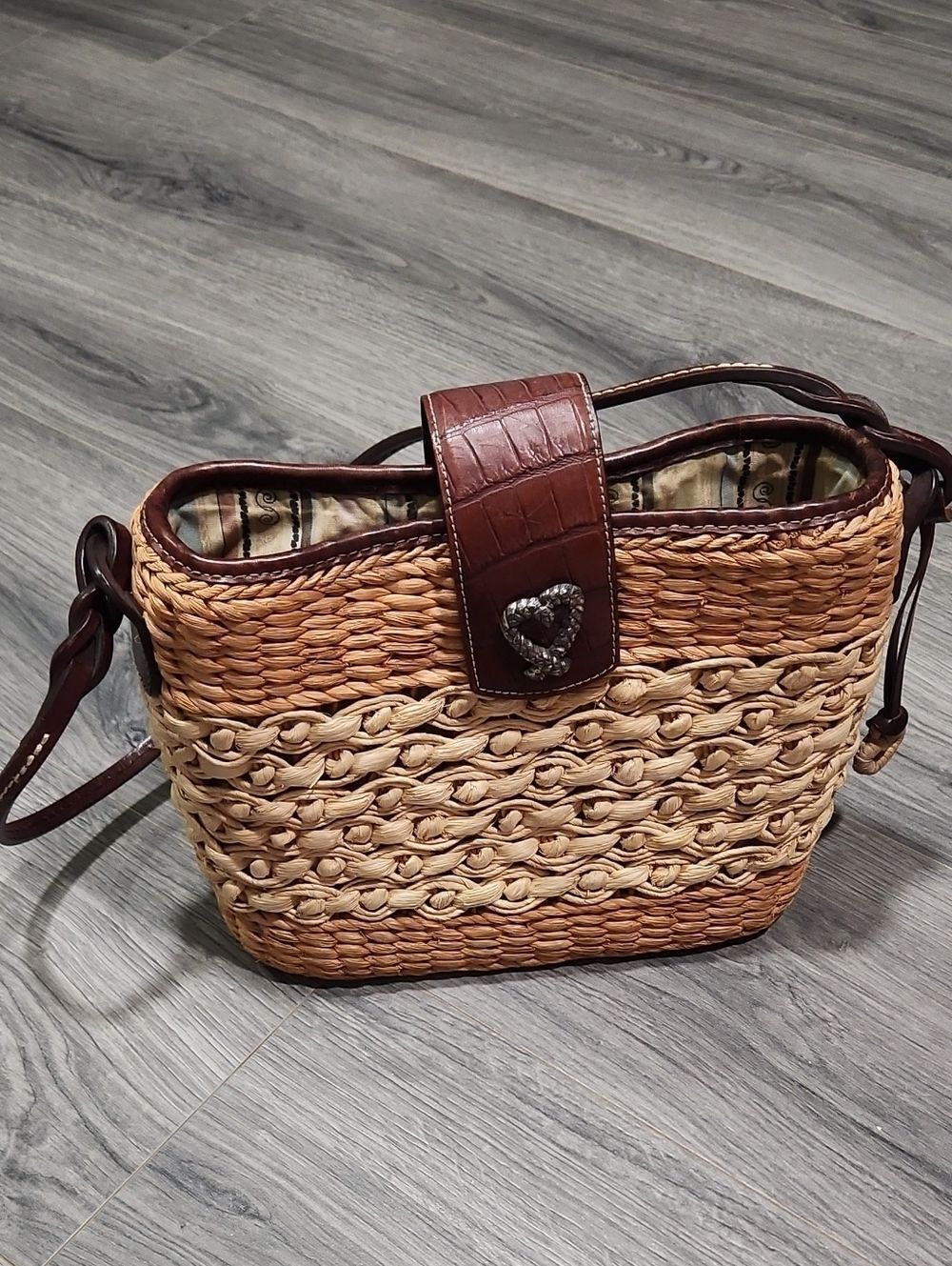 Brighton Vintage Woven Straw Crossbody Bag with Brown Leather Trim